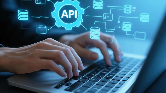 API and data flow between web applications. Monitoring and analysis of data flow. Engineer using laptop computer to integrate system.
