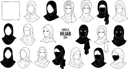 Black and White Line Art Hand-drawn Sketch Collection of Muslim Women Wearing Diverse Hijab Styles for World Hijab Day, Cultural and Religious Headscarf Illustration