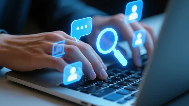 Sentiment analysis and opinion mining. Data analytics using NLP and machine learning. Marketer using laptop computer to detect emotions from social media.