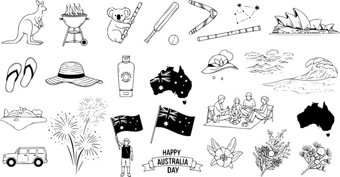 Australia Day Line Art Icon Set. Hand-Drawn Collection of Australian Culture, Travel, and Holiday Symbols including Kangaroo, Koala, Sydney Opera House.