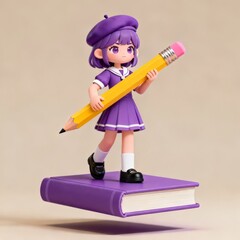 A chibi-style figurine of a girl in a purple school uniform holding a giant pencil standing atop a purple book against a neutral background.