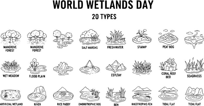 Black  White Line Art Hand-drawn Illustration Set of 20 World Wetlands Day Types, Detailed Environmental Education Doodle of Diverse Ecosystems  Natural Habitats.