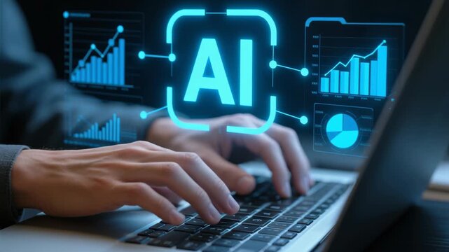 AI web analytics and marketing prediction analysis. Artificial intelligence analyzing customer behavior data. Data scientist using laptop computer to give instructions to AI