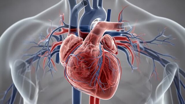 Detailed 3D Medical Animation of a Human Heart Showing Arteries and Veins with a Transparent Torso Overlay in a Neutral Gray Background with Soft Lighting