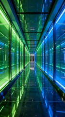 A futuristic corridor illuminated by vibrant green and blue LED lights featuring reflective glass walls and a sleek modern design.