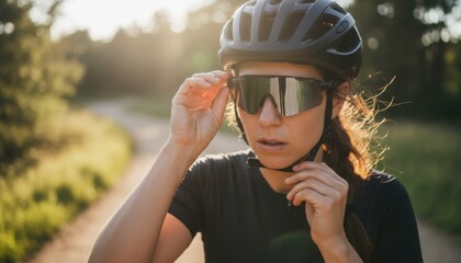 Cyclist adjusting reflective glasses during outdoor ride in warm sunlight symbolizing endurance sport and active lifestyle