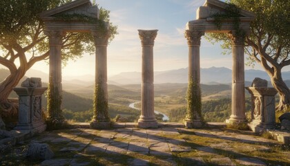 An ancient stone ruin with tall classical columns overlooking a wide sunlit valley and river landscape during a warm late afternoon creating a serene timeless atmosphere