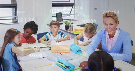 Animation of data processing over caucasian female teacher with diverse schoolchildren - Powered by Adobe