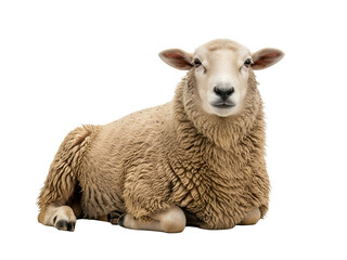 Peaceful domestic sheep with thick, natural cream-colored wool, resting calmly while looking forward, a full-body farm animal studio portrait isolated on transparent background.