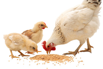 Ultra realistic group of chickens eating grain, several hens and one rooster pecking food on the ground, natural calm behavior, beaks close to grain, small grains scattered and slightly falling, sharp