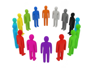A vibrant circle of diverse, colorful human figures standing in unity isolated on transparent background