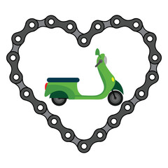 Heart shaped bicycle chain with a motor scooter inside 