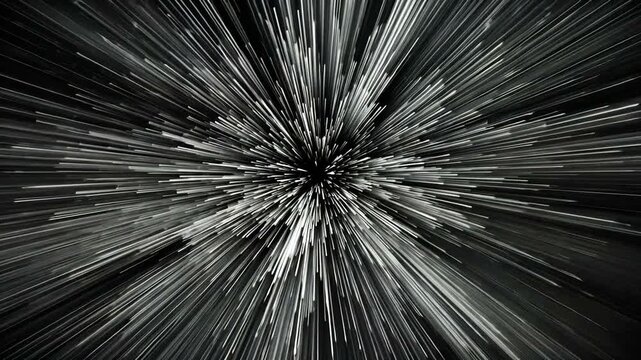 Black and white abstract radial burst of lines emanating from a central dark void