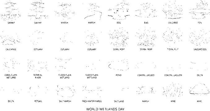 World Wetlands Day Vector - Collection of wetland types in black and white line art style