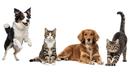 Diverse group of happy domestic pets featuring a jumping Border Collie, two tabby cats, and a relaxed golden retriever, showcasing animal companionship, isolated on transparent background.