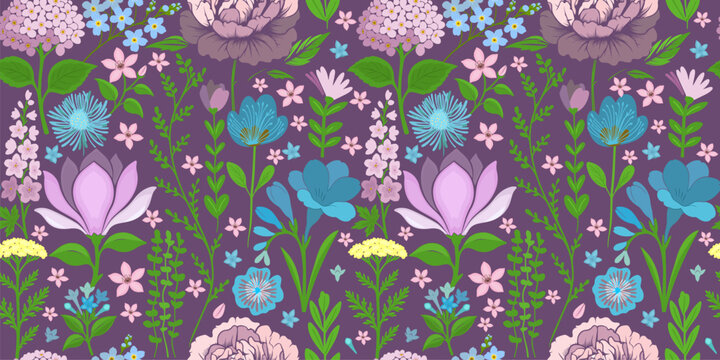 Blooming Meadow Boho Seamless Pattern. Hand drawn. Not AI, vector illustration.
