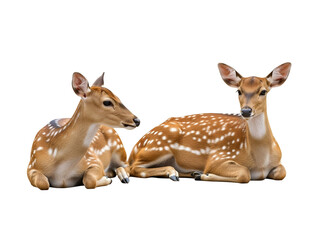 Two beautiful Spotted Deer (Chital) resting calmly, showcasing their distinctive reddish-brown coat with white spots, isolated on transparent background.