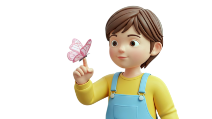 3D Cartoon Boy with Pink Butterfly on Finger