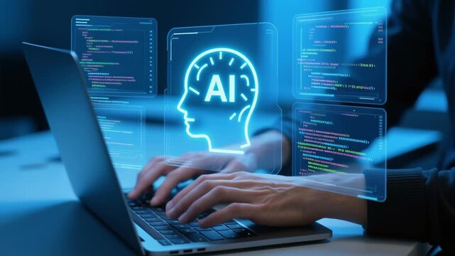 AI coding tool. Assisting software development and automating tasks. Programmer using AI to generate code for creating applications on laptop.