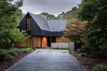 Modern angular black wood house with concrete elements, surrounded by lush trees