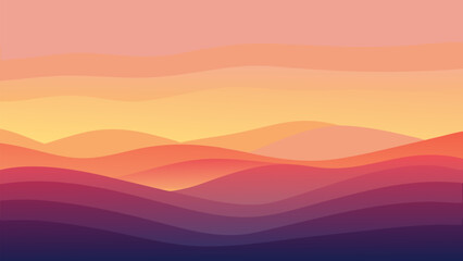 Fototapeta premium Abstract vector illustration of a sunrise in mountains featuring an orange sunset sky with clouds and a sun silhouette over a desert nature landscape at dawn morning light