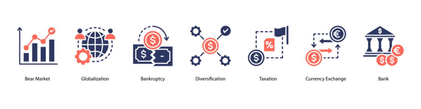 Global Economy and Risk web banner vector illustration featuring Globalization, Bankruptcy, Diversification, Taxation, Currency Exchange, Bank, and Recovery.