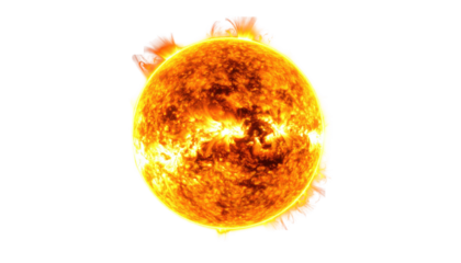 Illustration of a fiery, glowing star. Luminous orb with solar flares against a dark background