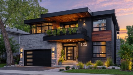 Modern home with stone accents, wood paneling, and large windows