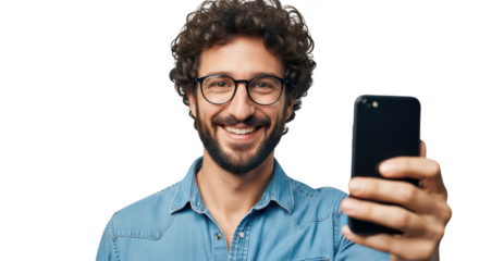 Man smiling while holding phone