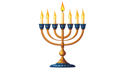 Illustration of a golden menorah with blue details, eight candles lit against a black background