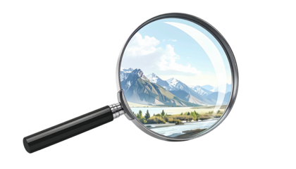 Illustration of a magnifying glass enlarging a scenic mountain landscape with clear skies and a river