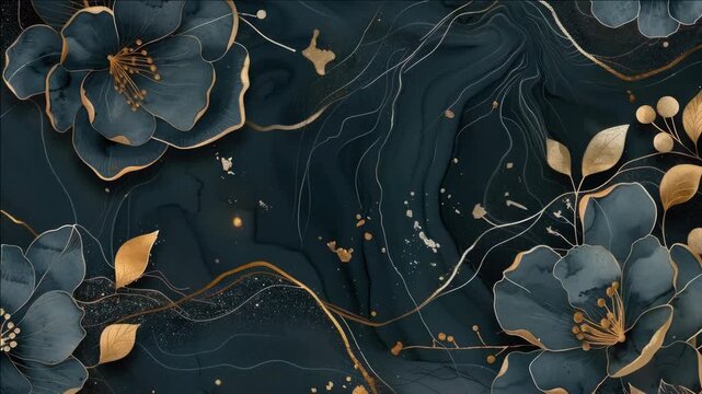 A beautiful blue background with gold flowers is displayed. The flowers are in the foreground and the background is a deep blue color. The flowers are intricately designed