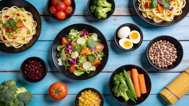 Assorted healthy food dishes on table
