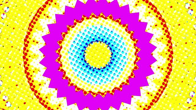Quickly shifting patterns of brights colors and shapes, kaleidoscope style with pop art and liquid elements.