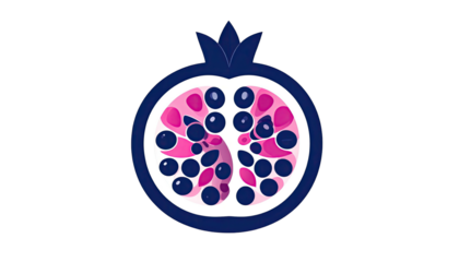 Illustration of a stylized pomegranate, sliced to reveal vibrant pink and dark blue seeds
