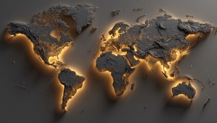 Illuminated world map showing glowing city lights and rugged terrain