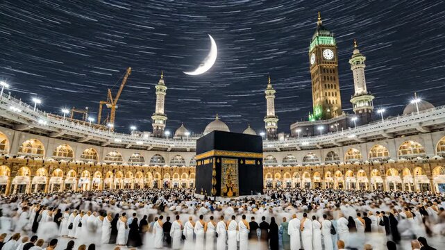 Night Sky Over Kaaba with Crescent Moon and Stars Crowded with Pilgrims in White Ihram Clothing