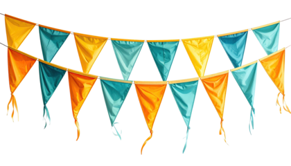 Illustration of colorful triangular banners strung on a rope, perfect for celebrations and events