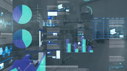 Animation of statistics and data processing over empty office - Powered by Adobe