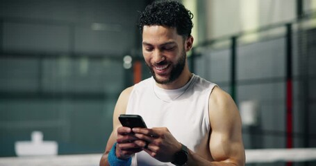 Happy man, scroll or typing on tennis court with phone, text message joke or funny social media post. Active, person and reading at health club with tech, sports meme or notification for online chat. - Powered by Adobe