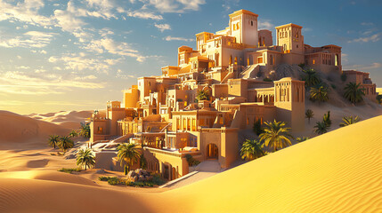 Picturesque desert village built on a hill amidst golden sand dunes, beautiful Moroccan style architecture.
