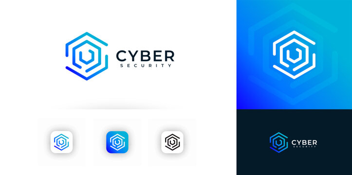 Cyber Security Digital Hexagon Lock Logo Icon. Line Safe Combination Sign Cybersecurity Symbol. Blue Privacy Data Protection Abstract Secure Code Network Safety System Hex Shield. Vector Illustration