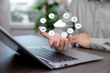 Secure cloud technology concept for digital business operations. Data protection, system integration, communication flow, compliance control, and enterprise network management.