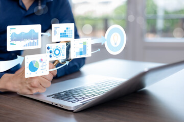 Digital business analytics concept with data visualization, insight discovery, performance tracking, and strategic decision support. Enterprise intelligence, innovation process, and analytical workflo