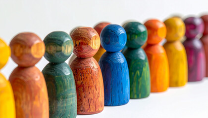 Painted wooden figures arranged in row, isolated on white. Diversity, inclusivity and unity. Close-up.