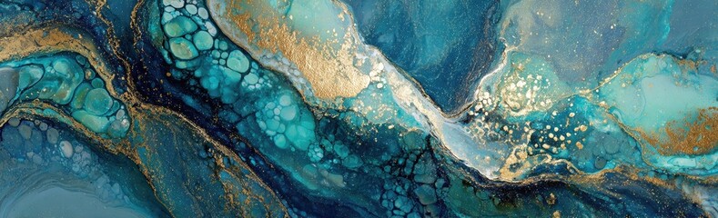 Abstract fluid art with swirling blues, greens, and metallic gold accents
