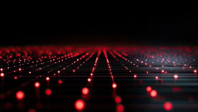 Red glowing nodes connected by lines form a digital grid vanishing into darkness