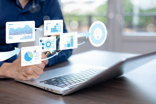 Digital business analytics concept with data visualization, insight discovery, performance tracking, and strategic decision support. Enterprise intelligence, innovation process, and analytical workflo