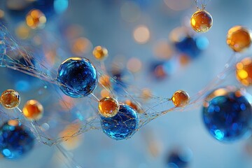 Abstract 3D rendering of glowing blue and amber spheres connected by intricate luminous strands