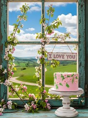 Romantic Pink Floral Cake By Rustic Window With Ivy And Scenic Countryside